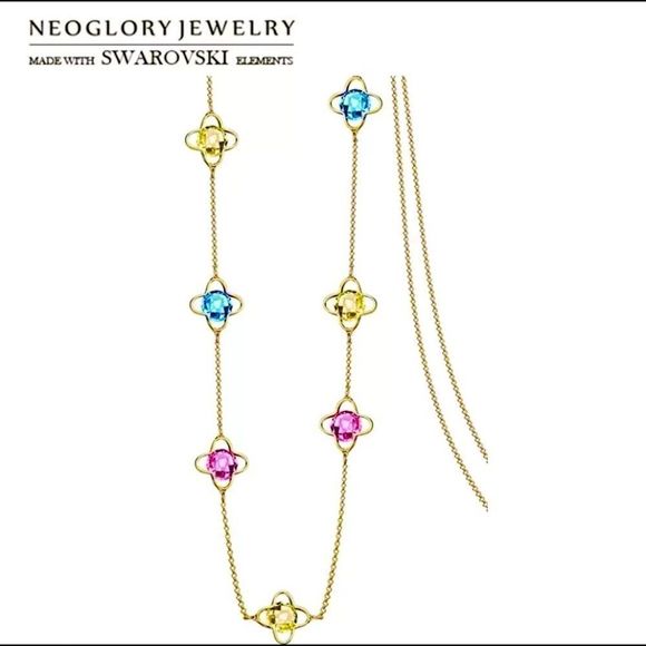 BNIB!! NEOGLORY YELLOW GOLD PLATED SWAROVSKI CRYSTAL GEOMETRIC LONG PENDANT! - Picture 1 of 8